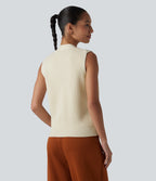 V-neck Button Fly Casual Jumper Vest with Pockets — Light Beige — view 2