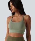 Medium Support Crisscross Backless Built-in Bra Heathered Workout Sports Bra — Light Green Floral Yarn — view 1