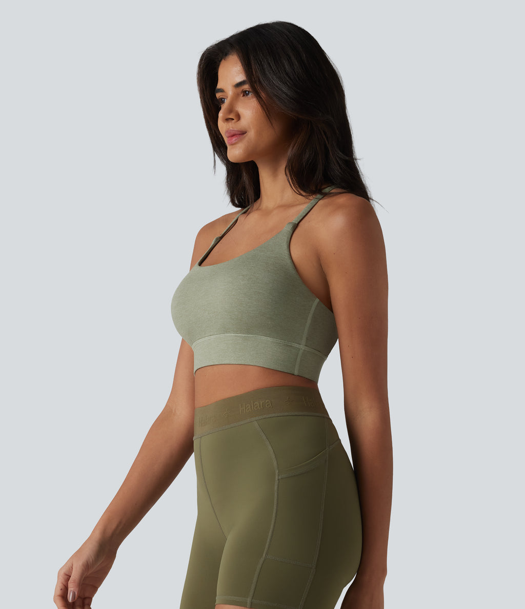 Medium Support Crisscross Backless Built-in Bra Heathered Workout Sports Bra — Light Green Floral Yarn — view 4