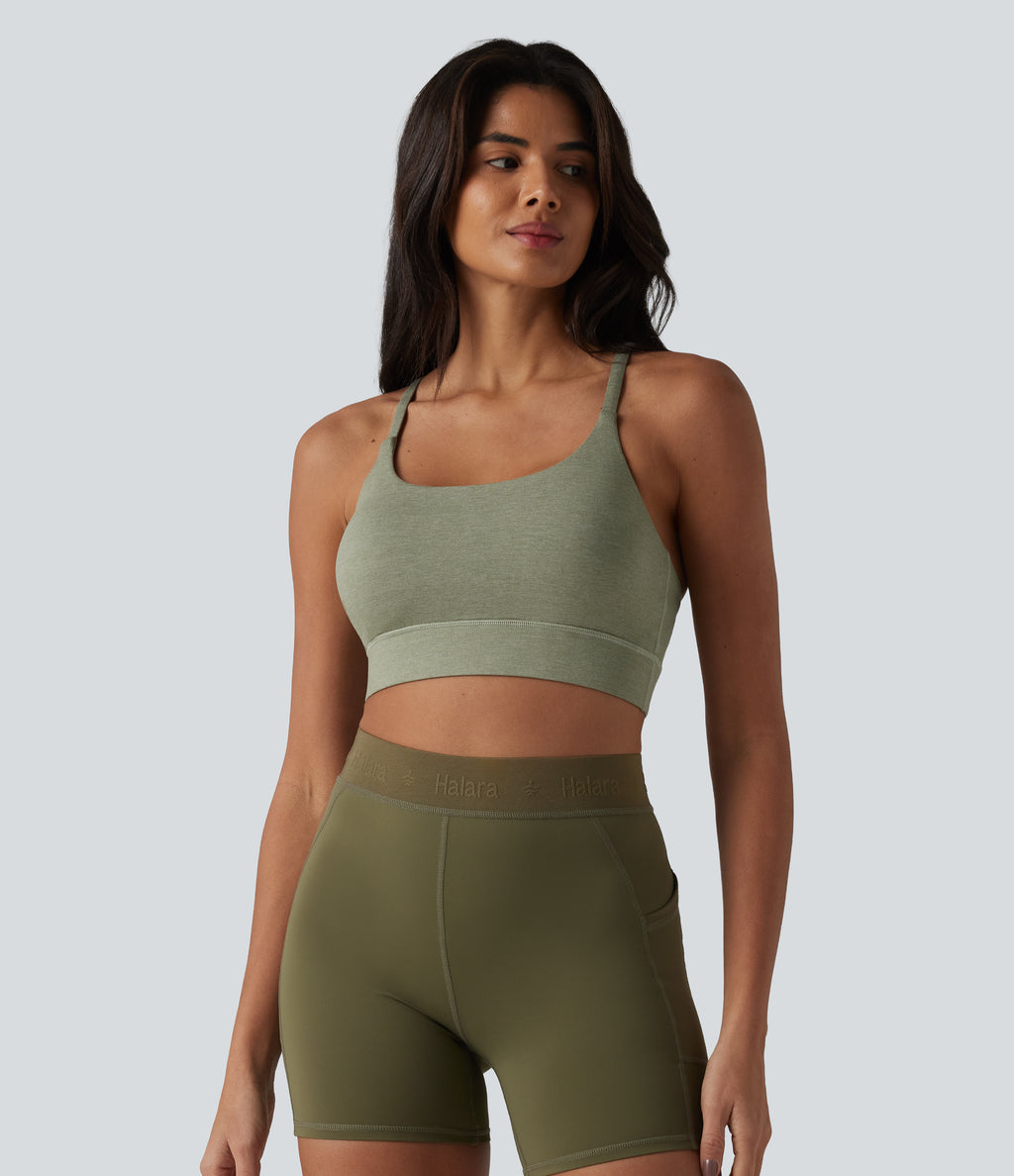 Medium Support Crisscross Backless Built-in Bra Heathered Workout Sports Bra — Light Green Floral Yarn — view 3