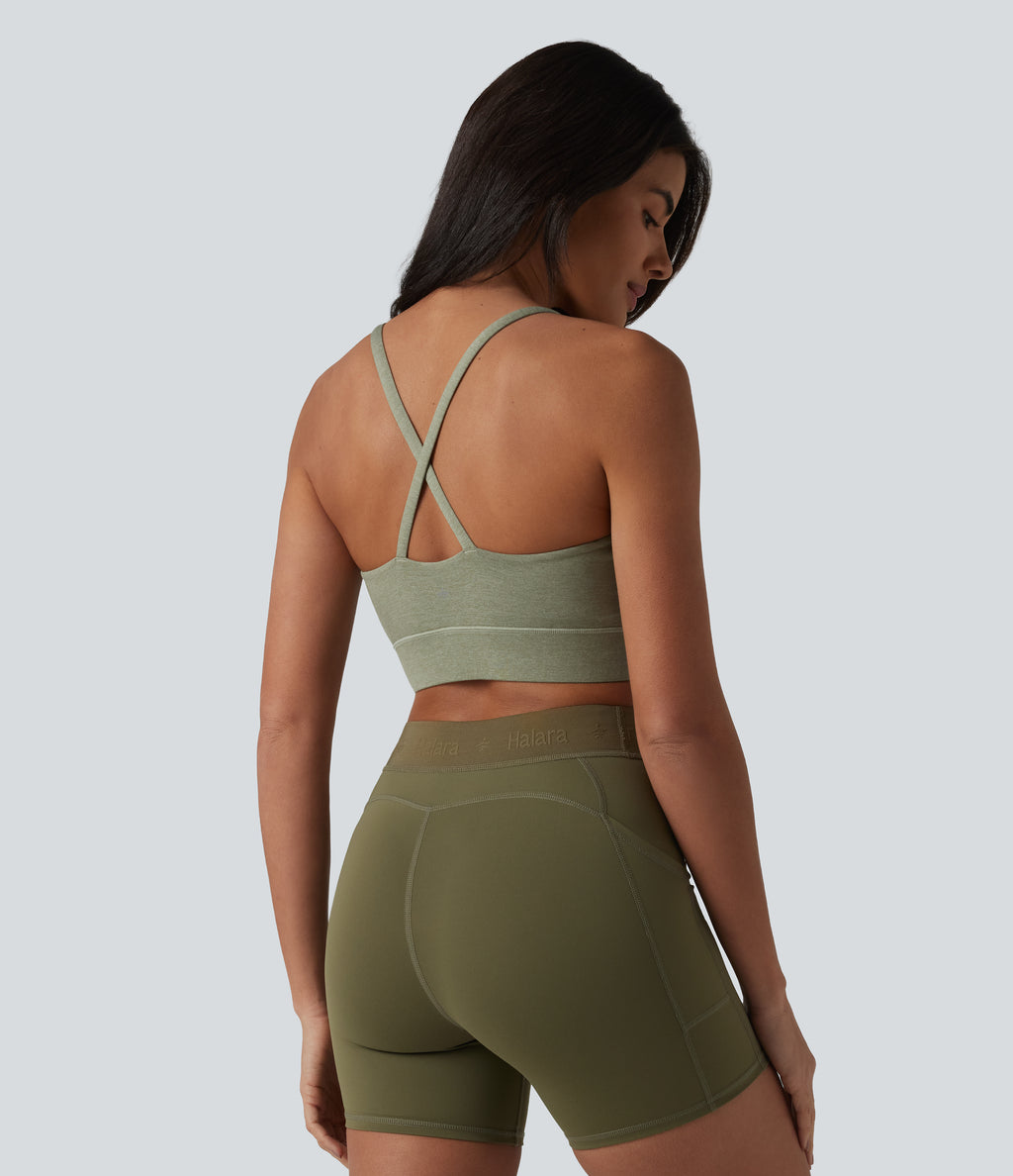 Medium Support Crisscross Backless Built-in Bra Heathered Workout Sports Bra — Light Green Floral Yarn — view 5