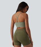 Medium Support Crisscross Backless Built-in Bra Heathered Workout Sports Bra — Light Green Floral Yarn — view 5