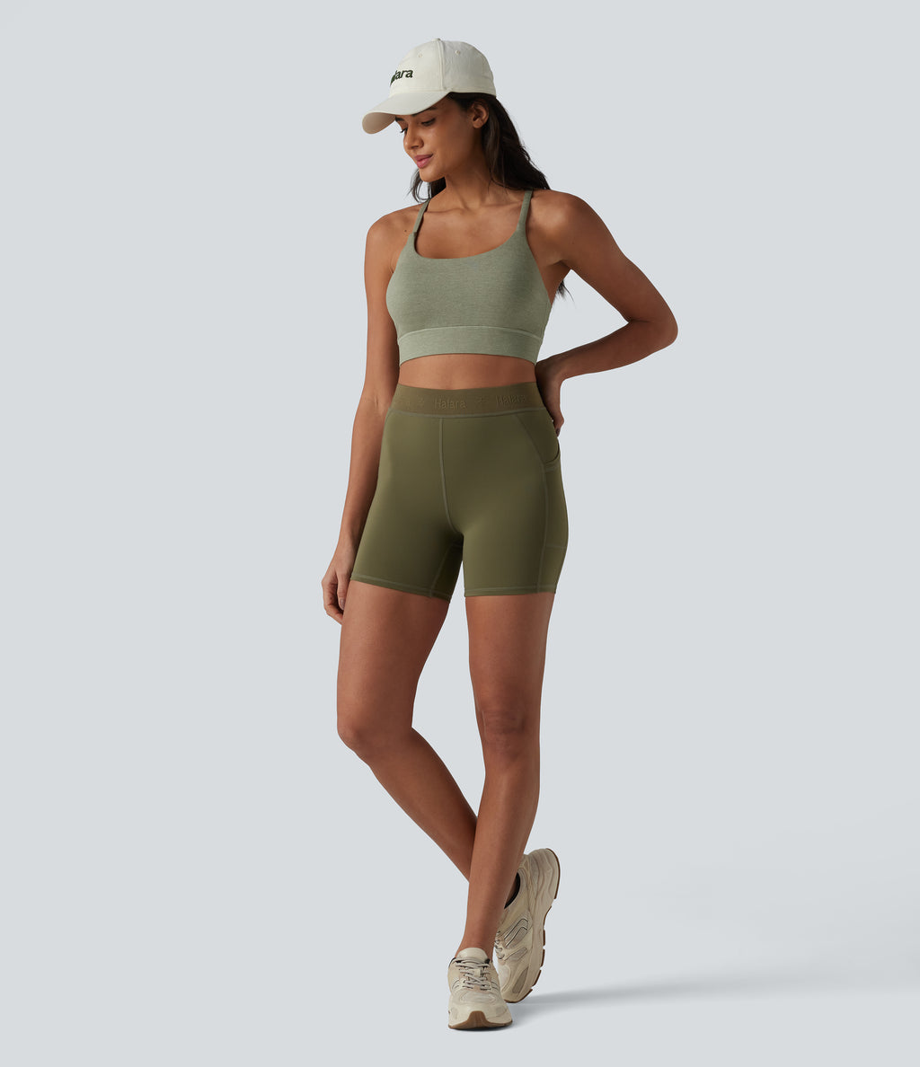 Medium Support Crisscross Backless Built-in Bra Heathered Workout Sports Bra — Light Green Floral Yarn — view 6