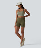 Medium Support Crisscross Backless Built-in Bra Heathered Workout Sports Bra — Light Green Floral Yarn — view 6