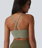 Medium Support Crisscross Backless Built-in Bra Heathered Workout Sports Bra — Light Green Floral Yarn — view 2