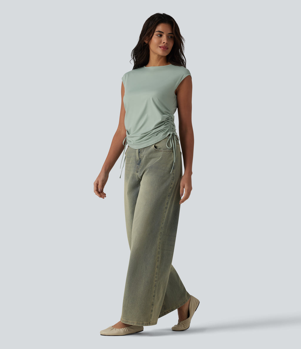 Round Neck Cap Sleeve Drawstring Casual T-Shirt — Sea Foam — view 6