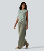 Round Neck Cap Sleeve Drawstring Casual T-Shirt — Sea Foam — view 6