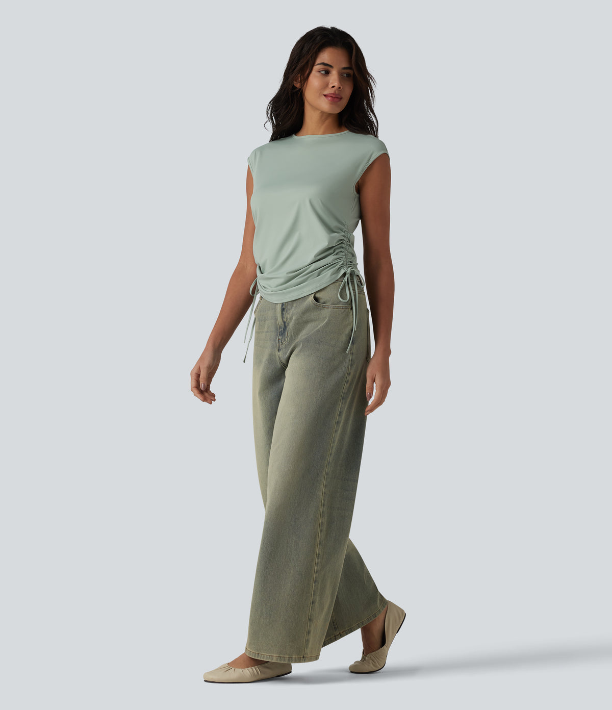 Round Neck Cap Sleeve Drawstring Casual T-Shirt — Sea Foam — view 6