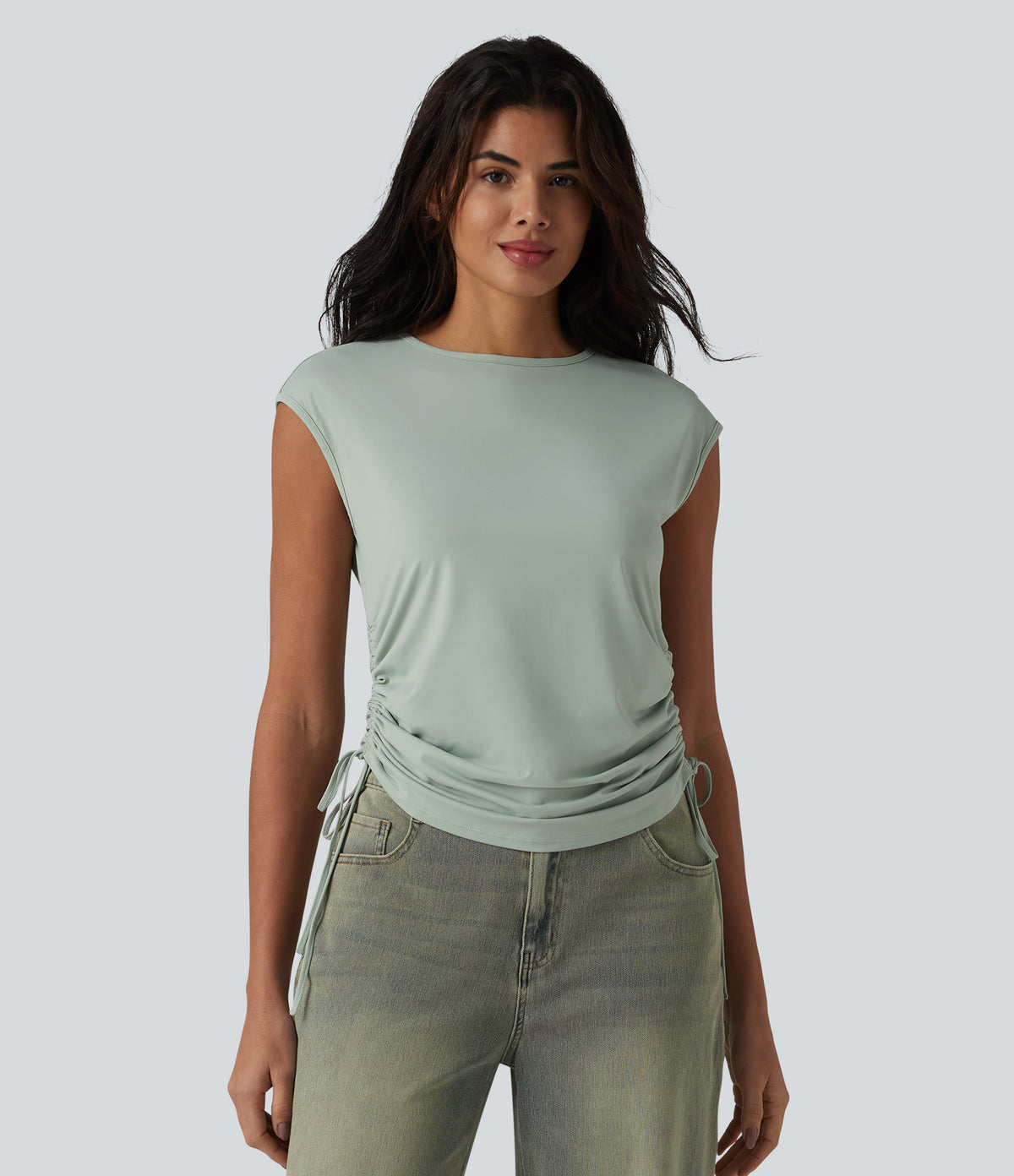 Round Neck Cap Sleeve Drawstring Casual T-Shirt — Sea Foam — view 3