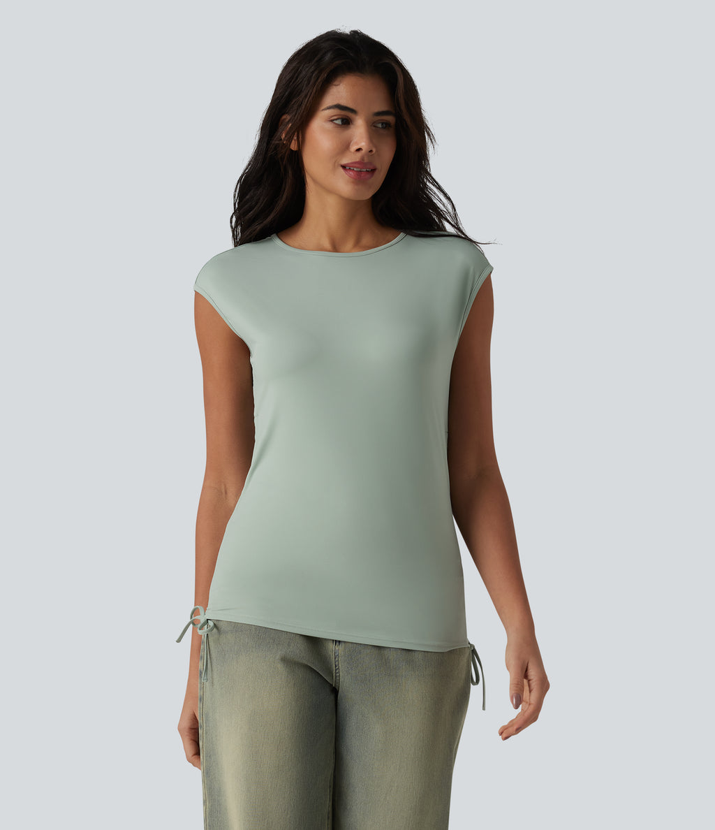 Round Neck Cap Sleeve Drawstring Casual T-Shirt — Sea Foam — view 5