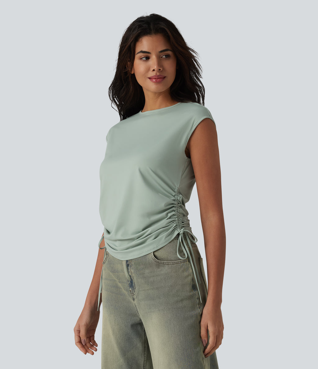 Round Neck Cap Sleeve Drawstring Casual T-Shirt — Sea Foam — view 4