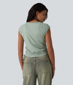 Round Neck Cap Sleeve Drawstring Casual T-Shirt — Sea Foam — view 2