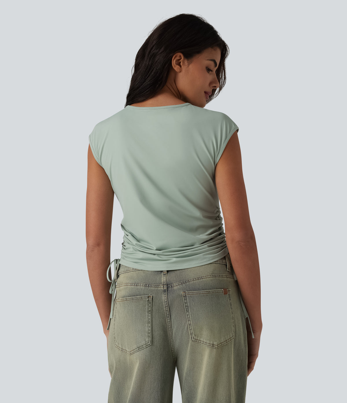 Round Neck Cap Sleeve Drawstring Casual T-Shirt — Sea Foam — view 2
