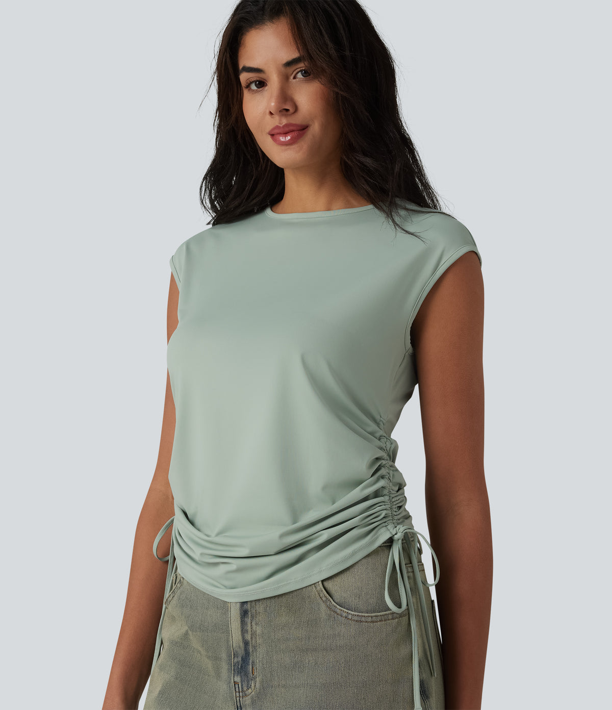 Round Neck Cap Sleeve Drawstring Casual T-Shirt — Sea Foam — view 1