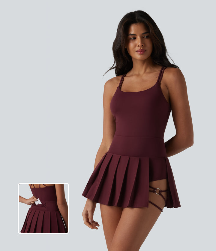 Crisscross Backless U-Neck Pleated Asymmetric Hem Mini 2-in-1 Built-in Bra Dance Active Slip Dress with Pockets — Berry Red — view 1