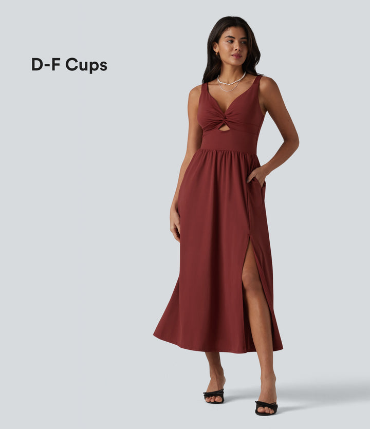 Airy V Neck Non-Removable Pad Sleeveless InstantCool Midi Dress with Pockets DD-F — Madder Brown — view 1
