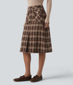 Mid Rise A-Line Plaid Midi Work Skirt with Pockets — Woodland Mocha — view 3