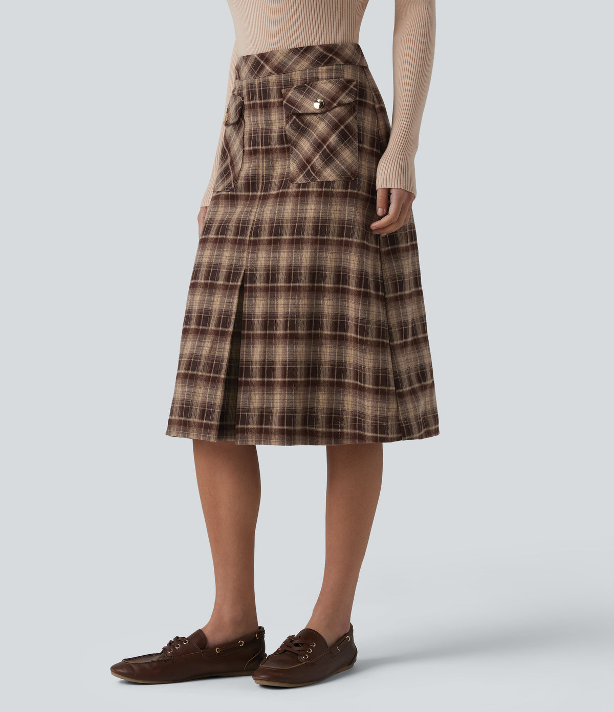 Mid Rise A-Line Plaid Midi Work Skirt with Pockets — Woodland Mocha — view 3