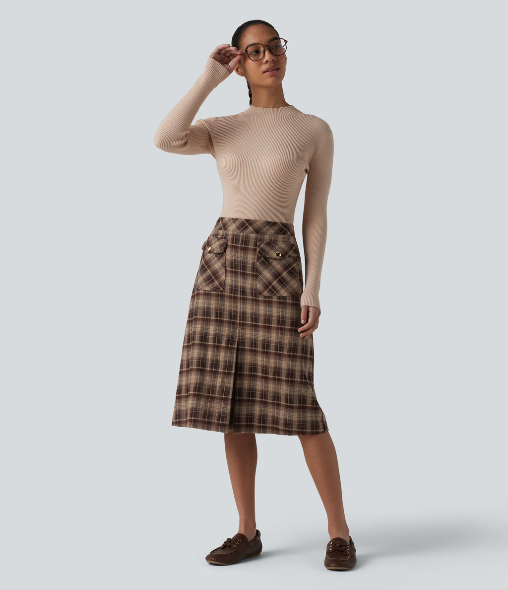 Mid Rise A-Line Plaid Midi Work Skirt with Pockets — Woodland Mocha — view 6