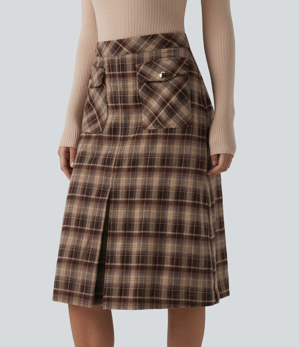 Mid Rise A-Line Plaid Midi Work Skirt with Pockets — Woodland Mocha — view 5