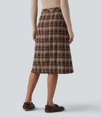 Mid Rise A-Line Plaid Midi Work Skirt with Pockets — Woodland Mocha — view 2