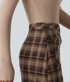 Mid Rise A-Line Plaid Midi Work Skirt with Pockets — Woodland Mocha — view 4