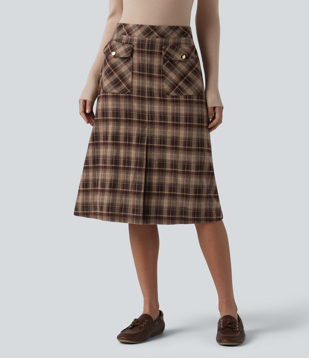 Mid Rise A-Line Plaid Midi Work Skirt with Pockets — Woodland Mocha — view 1