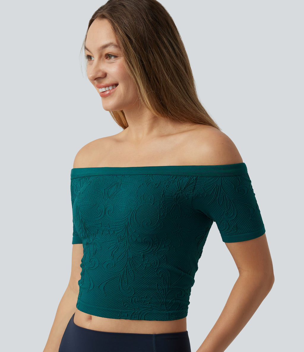 OneForm Seamless Flow Off Shoulder Short Sleeve Built-in Bra Cropped Yoga Sports Top — Spruced-up — view 1