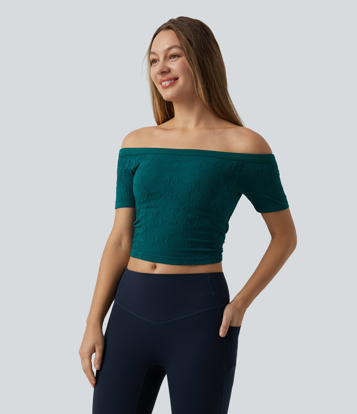OneForm Seamless Flow Off Shoulder Short Sleeve Built-in Bra Cropped Yoga Sports Top — Spruced-up — view 4
