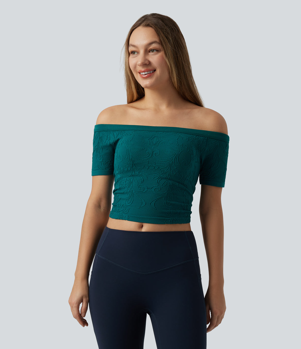 OneForm Seamless Flow Off Shoulder Short Sleeve Built-in Bra Cropped Yoga Sports Top — Spruced-up — view 3