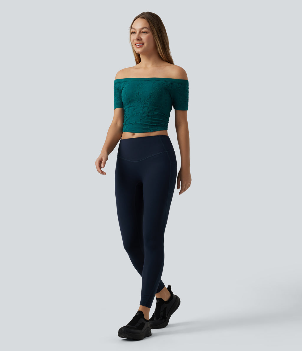 OneForm Seamless Flow Off Shoulder Short Sleeve Built-in Bra Cropped Yoga Sports Top — Spruced-up — view 5