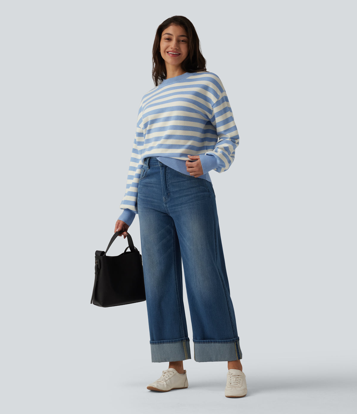Round Neck Long Sleeve Stripe Casual Jumper — Blue White Stripes — view 6