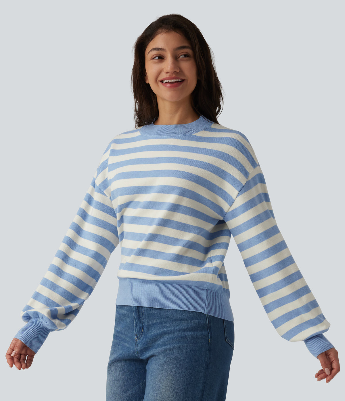 Round Neck Long Sleeve Stripe Casual Jumper — Blue White Stripes — view 3