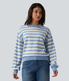 Round Neck Long Sleeve Stripe Casual Jumper — Blue White Stripes — view 4