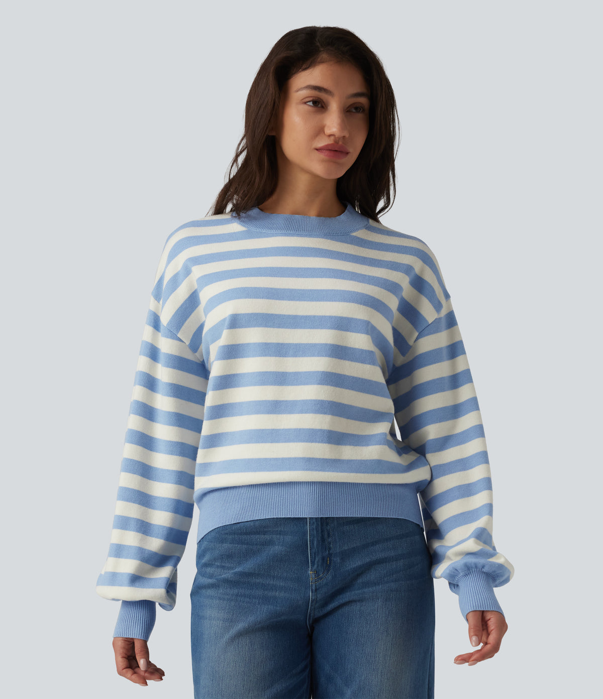 Round Neck Long Sleeve Stripe Casual Jumper — Blue White Stripes — view 4