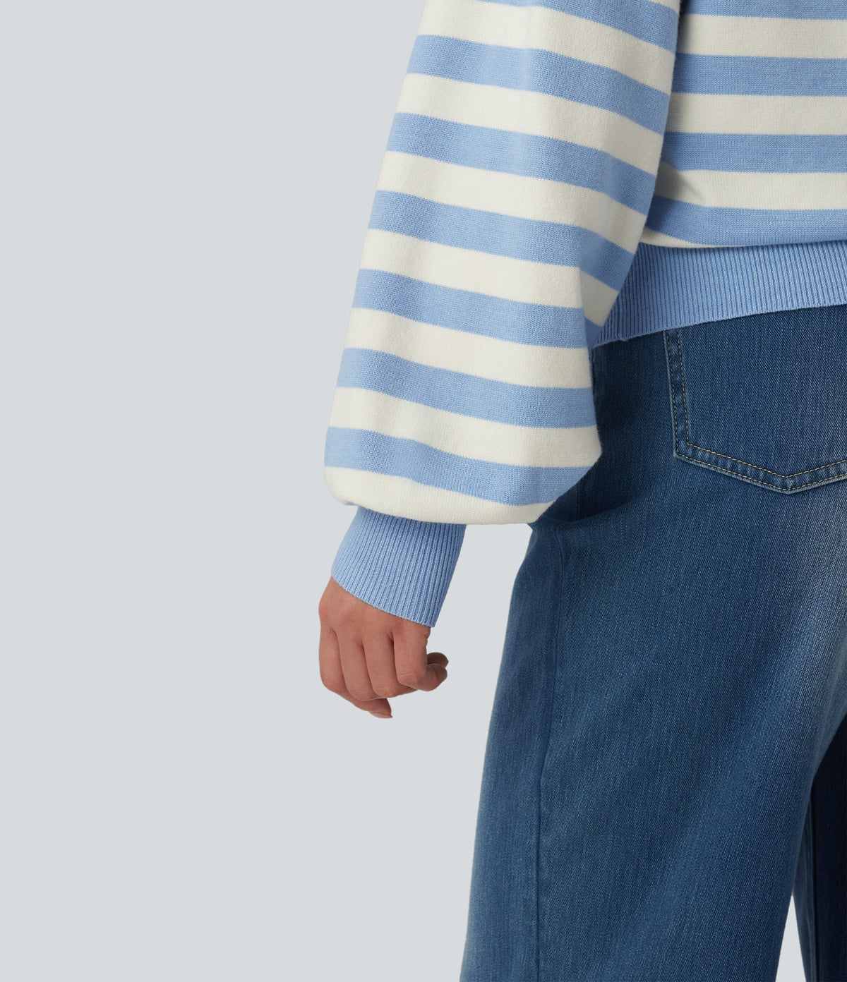 Round Neck Long Sleeve Stripe Casual Jumper — Blue White Stripes — view 5