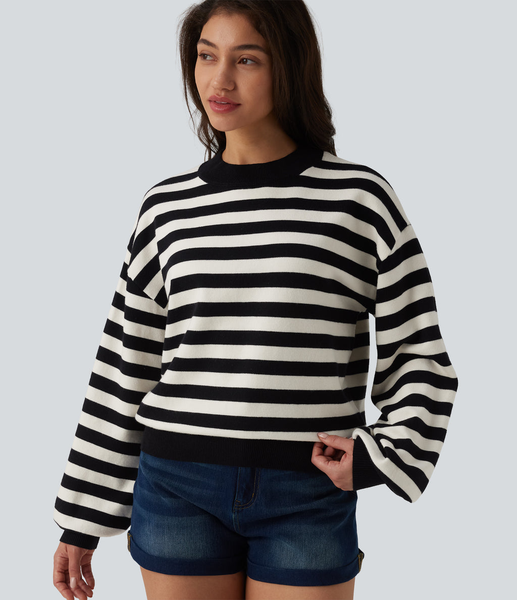Round Neck Long Sleeve Stripe Casual Jumper — Classic Mono Stripe — view 7