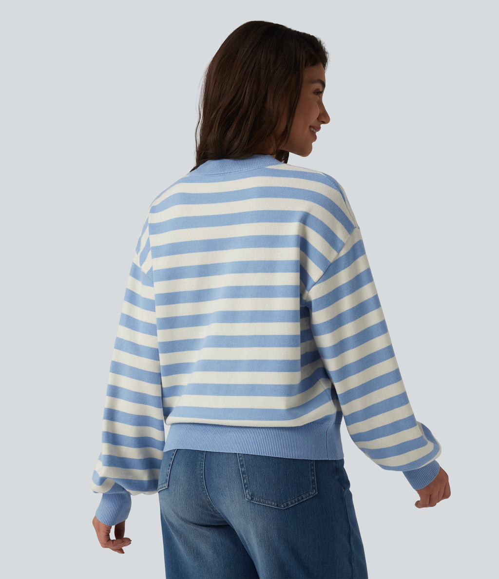 Round Neck Long Sleeve Stripe Casual Jumper — Blue White Stripes — view 2