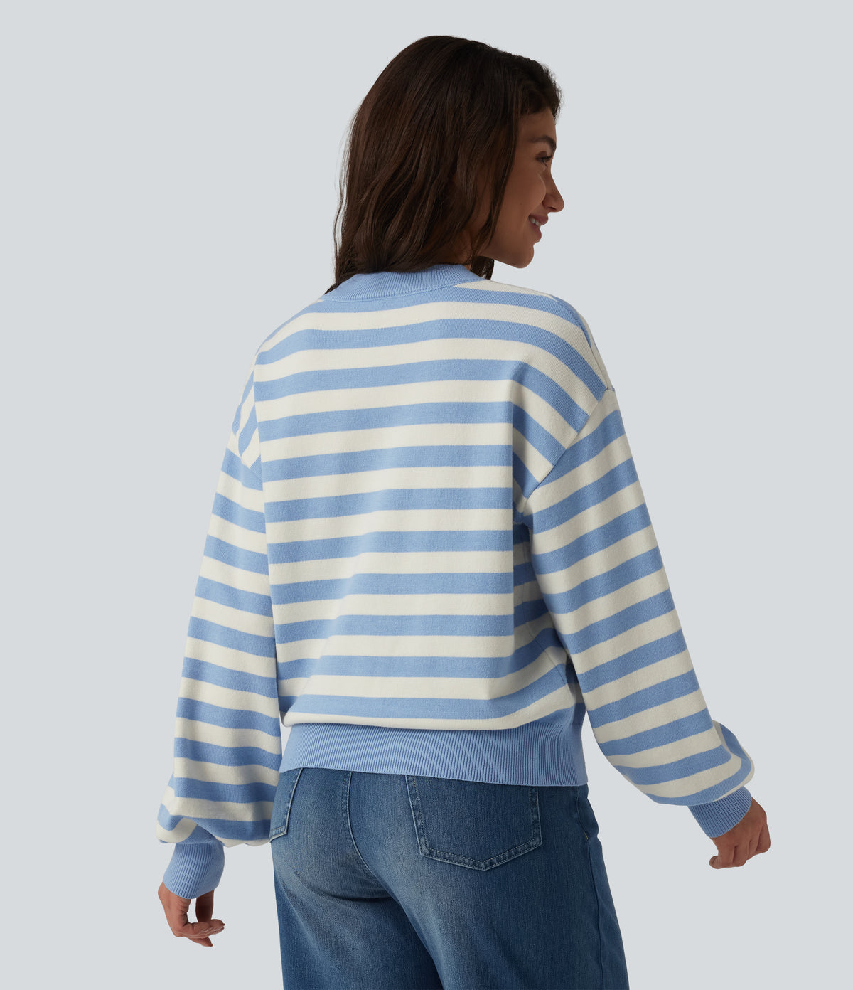 Round Neck Long Sleeve Stripe Casual Jumper — Blue White Stripes — view 2