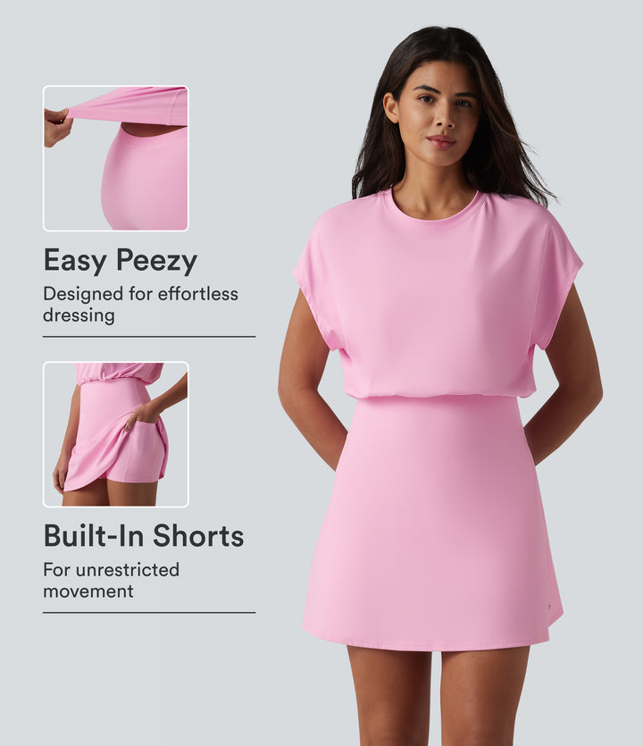 Airy Round Neck Short Sleeve 2-in-1 InstantCool Mini Yoga Active Dress with Pockets-Edition — Nosegay — view 1