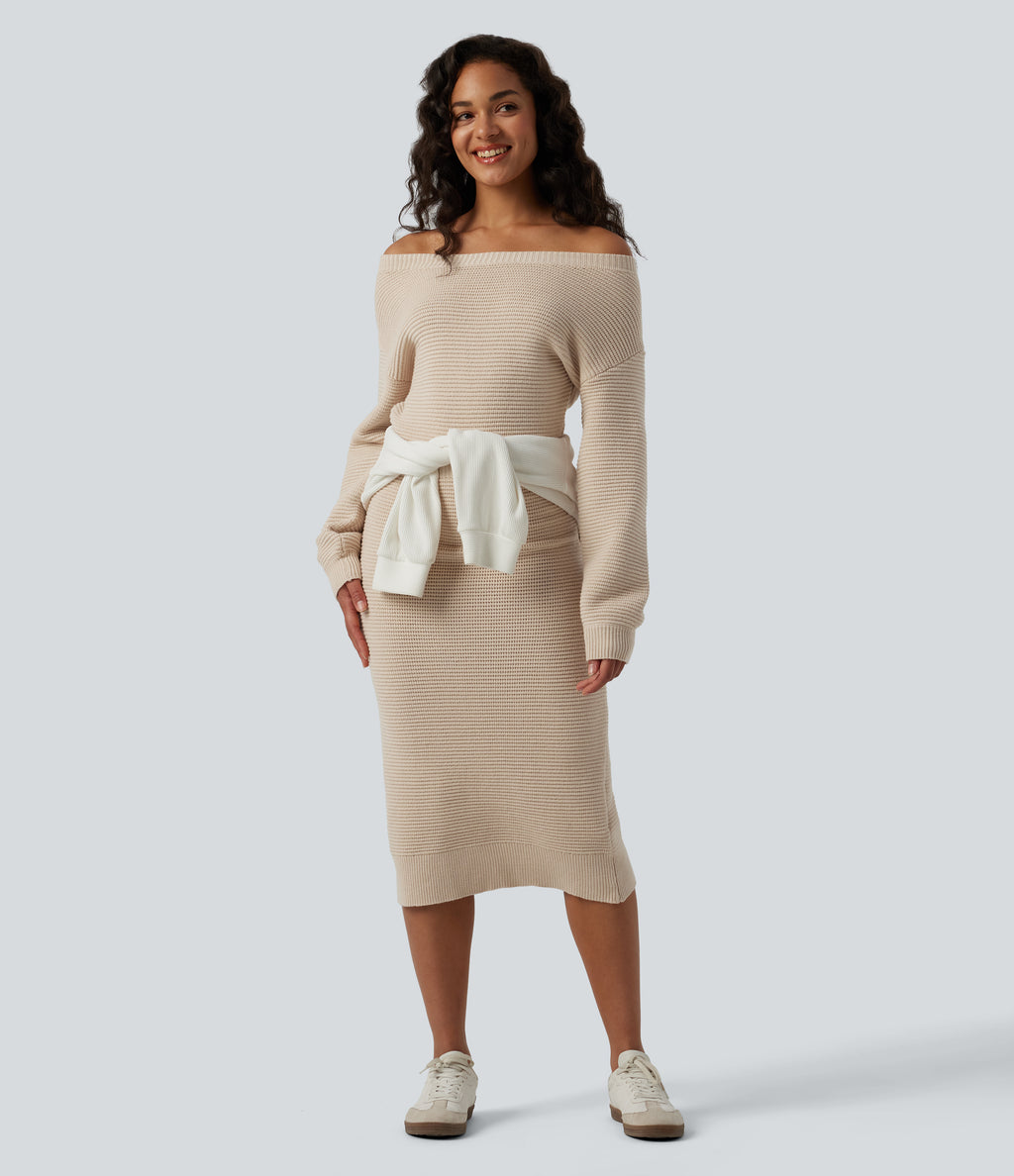 One Shoulder Long Sleeve Midi Casual Jumper Dress — Smoke Gray — view 5