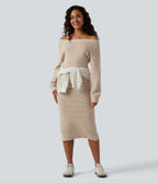One Shoulder Long Sleeve Midi Casual Jumper Dress — Smoke Gray — view 5