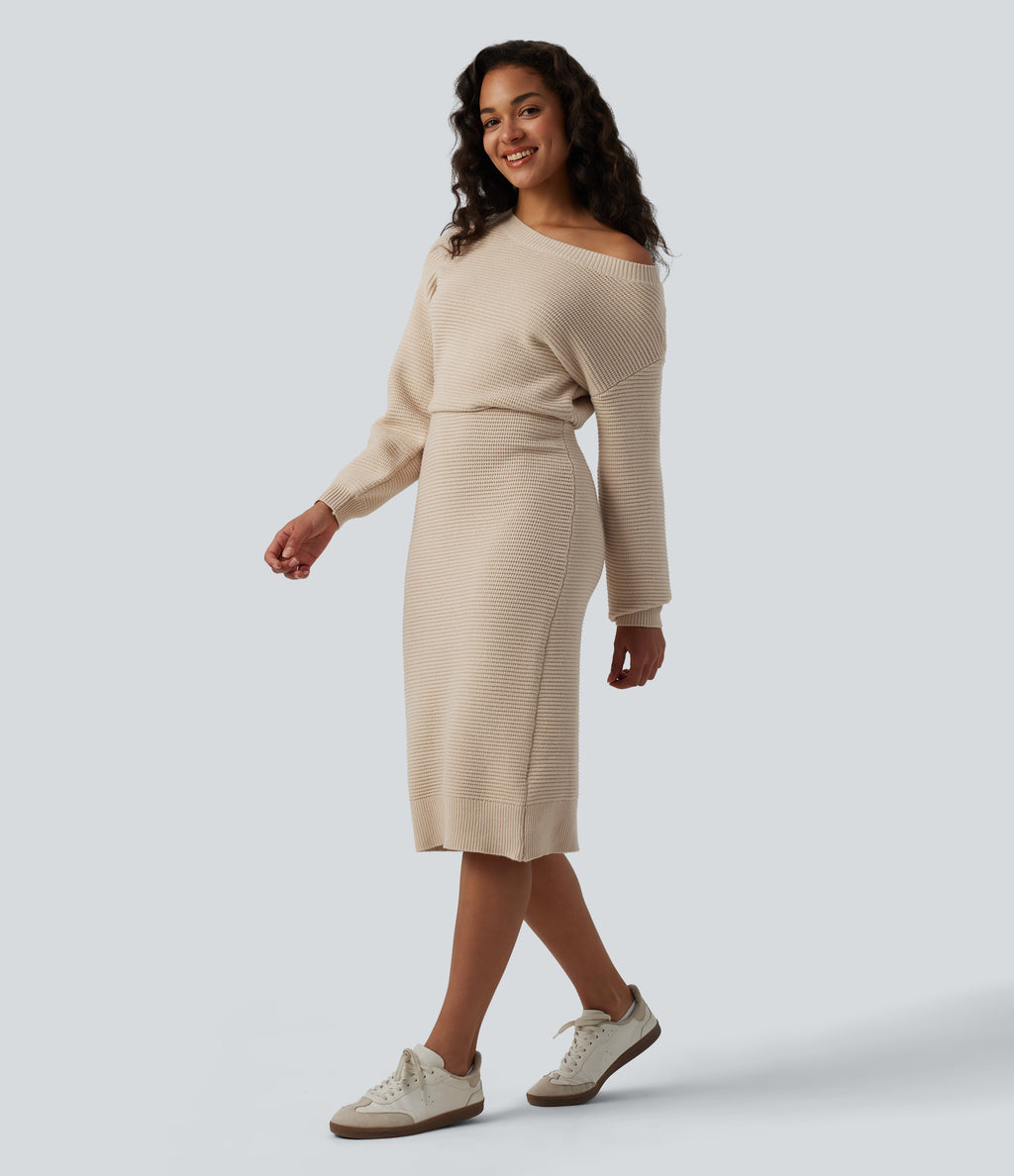 One Shoulder Long Sleeve Midi Casual Jumper Dress — Smoke Gray — view 3