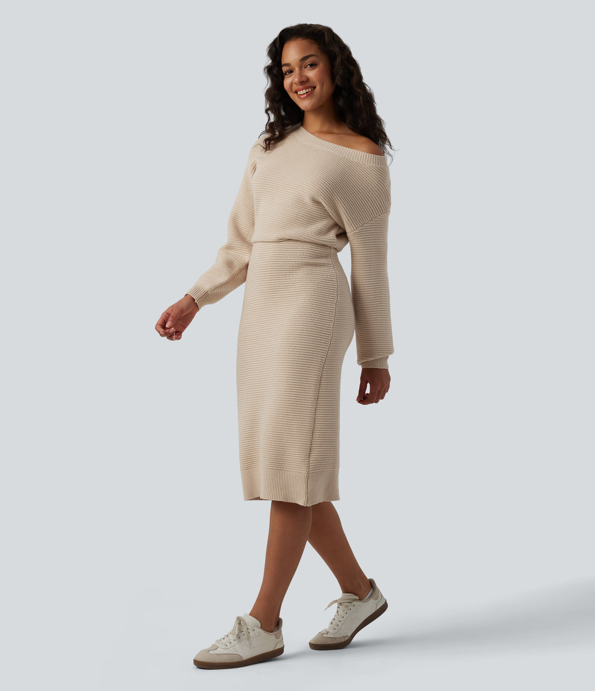 One Shoulder Long Sleeve Midi Casual Jumper Dress — Smoke Gray — view 3