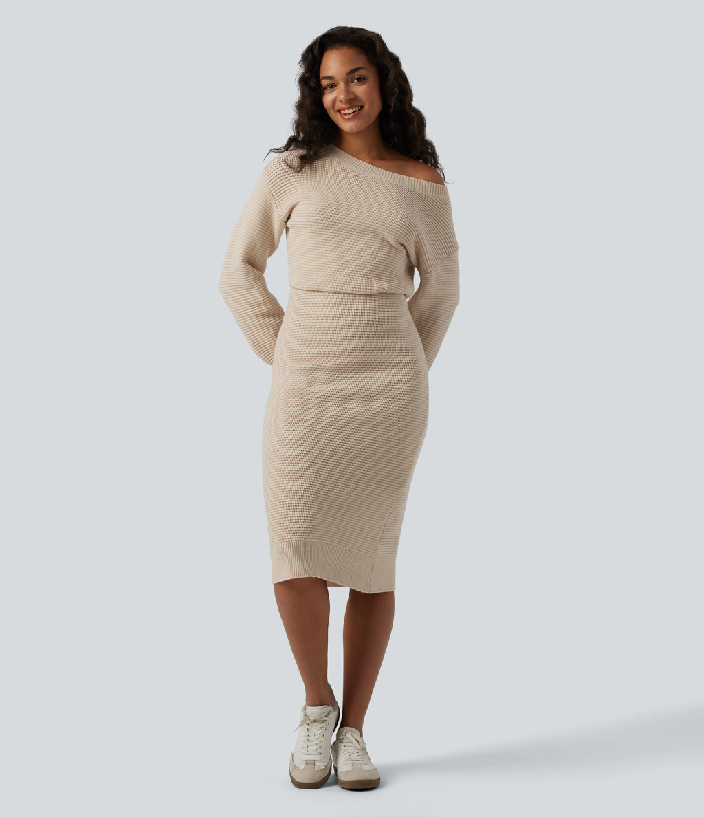 One Shoulder Long Sleeve Midi Casual Jumper Dress — Smoke Gray — view 1