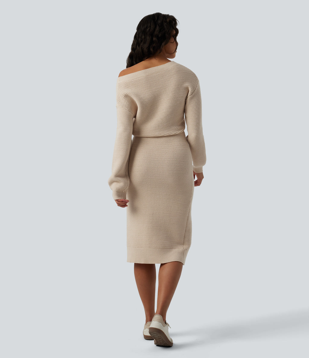 One Shoulder Long Sleeve Midi Casual Jumper Dress — Smoke Gray — view 2
