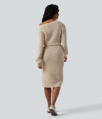 One Shoulder Long Sleeve Midi Casual Jumper Dress — Smoke Gray — view 2