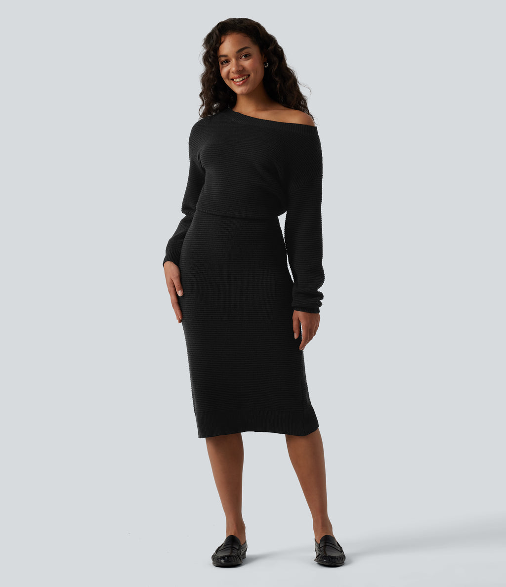One Shoulder Long Sleeve Midi Casual Jumper Dress — Black — view 6