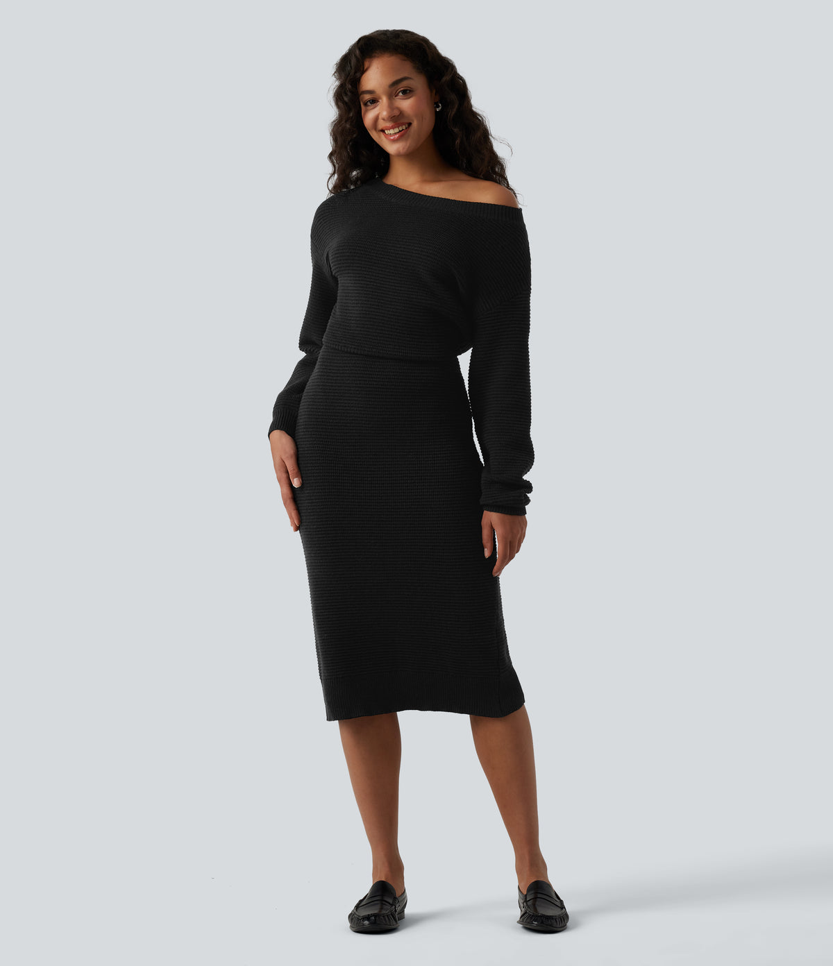 One Shoulder Long Sleeve Midi Casual Jumper Dress — Black — view 6