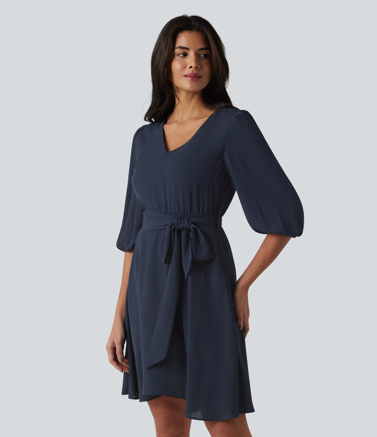 V Neck 3/4 Puff Sleeve Belted Mini Casual Dress — Spellbound — view 3